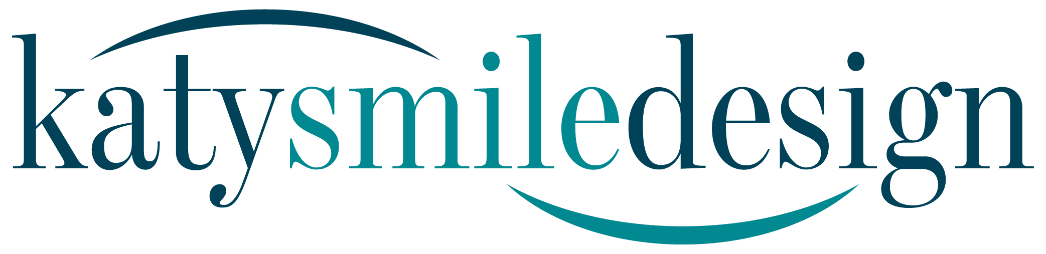 The image shows a logo with the text  KATYSMILESDESIGN  prominently displayed, accompanied by the tagline  smile design.  The logo features a stylized smile with teeth and gums, set against a background that appears to be a gradient of blue and gray tones.